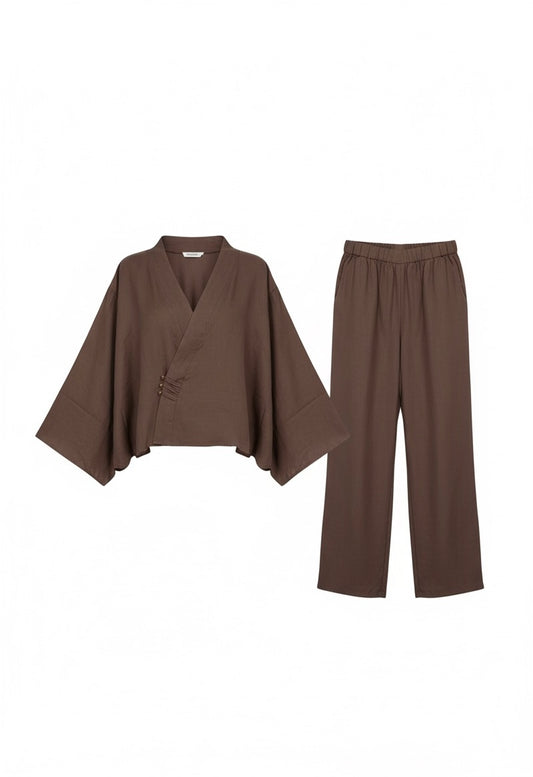 Mocha Linen Wrap Top & wide Leg Pant