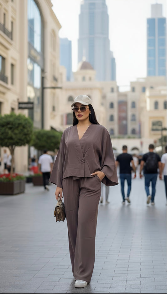 Mocha Linen Wrap Top & wide Leg Pant